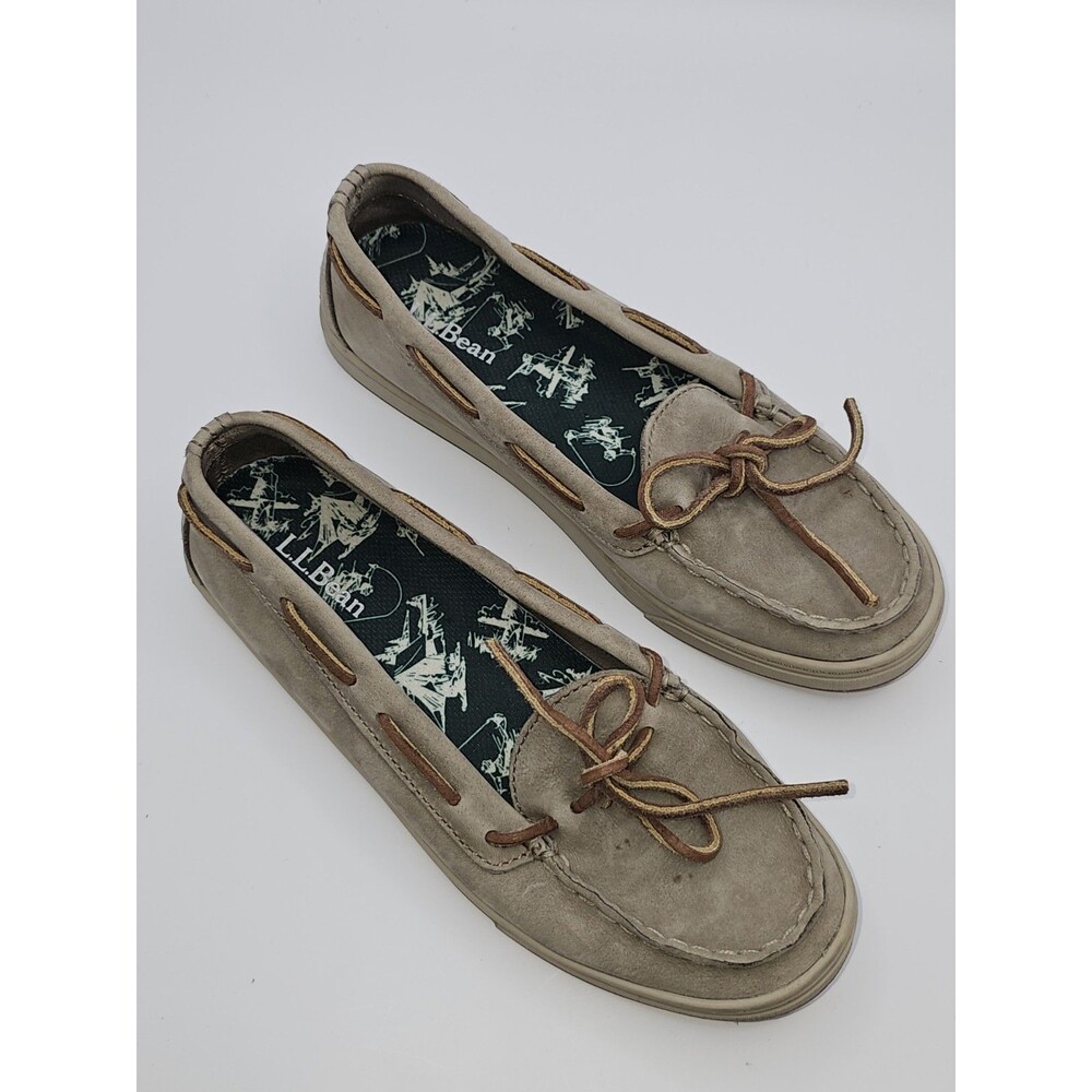 LL Bean Campside Boat Shoes Womens 7 1/2 M Taupe Suede Slip on Moc Toe Loafers
